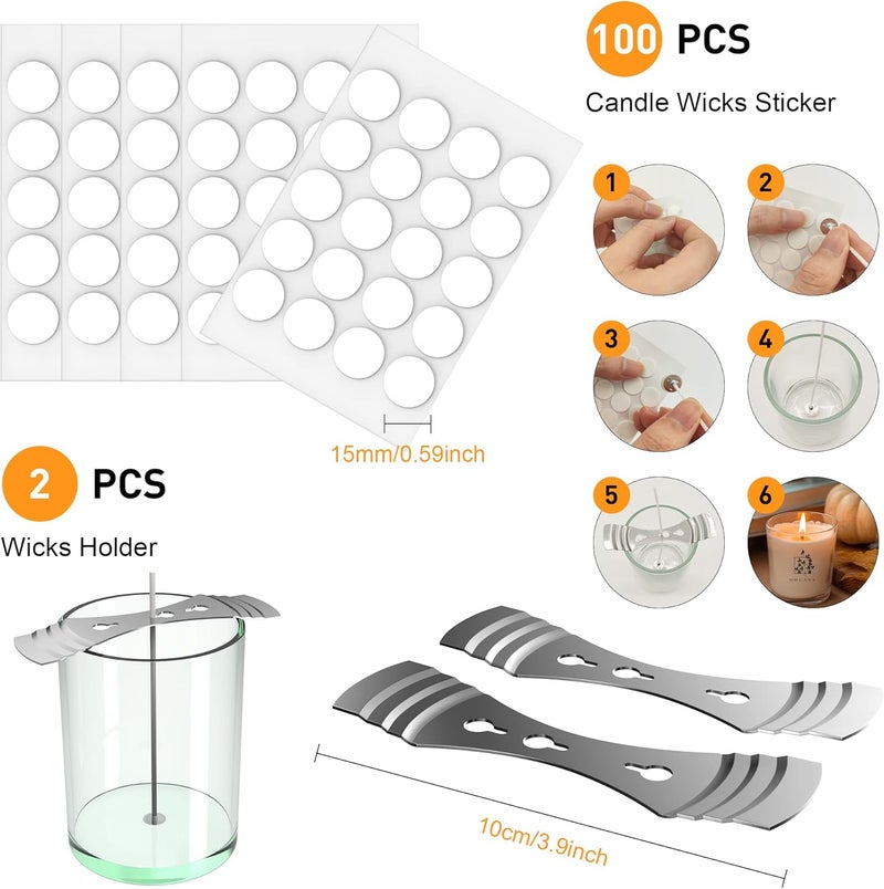 Ohcans 100 Pcs Cotton Candle Wick 8'',Wicks Coated with Paraffin Wax, 100PCS Candle Wick Stickers and 2PCS Metal Candle Wick Holders for Candle Making, Suit for Soy Beeswax Candle Making DIY - Image 3